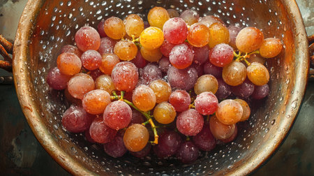 A close-up view of fresh grapes in a copper colander, glistening with water droplets. This vibrant image captures the natural beauty of ripe fruit, perfect for culinary or health-related themes.の素材