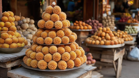 A vibrant arrangement of tropical fruit showcases the rich colors and textures of fresh produce at a bustling local market, inviting shoppers.の素材