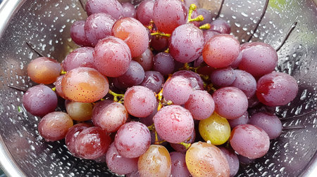 A vibrant display of fresh grapes glistening with water drops in a colander, showcasing their natural beauty and health benefits. Perfect for culinary use or healthy snacking.の素材