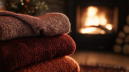Soft wool blankets are stacked beside a glowing fireplace, creating a warm and inviting atmosphere perfect for cozy evenings at home.の素材