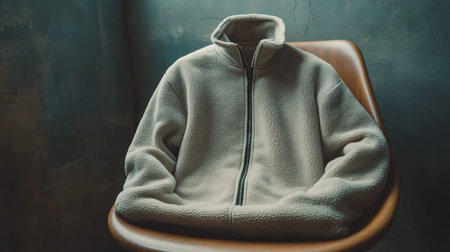 A soft fleece jacket elegantly draped over a modern chair, showcasing comfort and style in a cozy indoor setting. Perfect for fashion and lifestyle themes.の素材