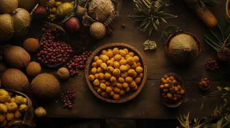 A vibrant arrangement of fresh fruits on a rustic wooden table, showcasing seasonal produce. Perfect for food photography, recipes, and health-related content.の素材