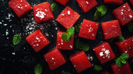 Colorful watermelon cubes arranged with mint leaves and sea salt. This fresh and vibrant display captures the essence of summer and healthy eating. Perfect for culinary use.の素材