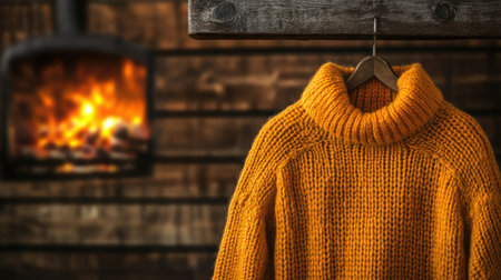 A cozy knit sweater in bright orange, hanging by a rustic fireplace. The warm ambiance creates a perfect atmosphere for winter comfort and style.の素材