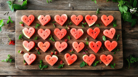 Vibrant heart-shaped watermelon slices arranged on a rustic wooden board with fresh mint and berries, perfect for summer gatherings and cheerful presentations.の素材