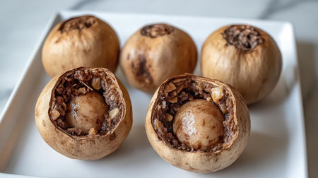 This captivating close-up showcases a cut-open tropical fruit, revealing its unique texture and natural beauty, perfect for food and nature enthusiasts.の素材