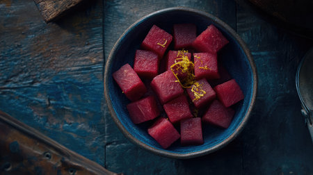 A vibrant display of fresh pink fruit cubes in a rustic blue bowl, perfect for showcasing healthy eating, culinary art, and vibrant cuisine.の素材
