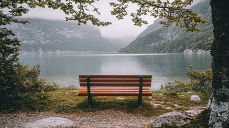 An empty wooden bench overlooking a tranquil lake, surrounded by lush greenery and foggy mountains, perfect for a peaceful retreat in nature.の素材