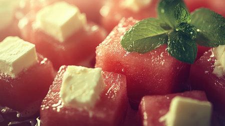 Delight in the refreshing taste of juicy watermelon cubes topped with creamy cheese, garnished with a sprig of mint. Perfect for summer gatherings!の素材