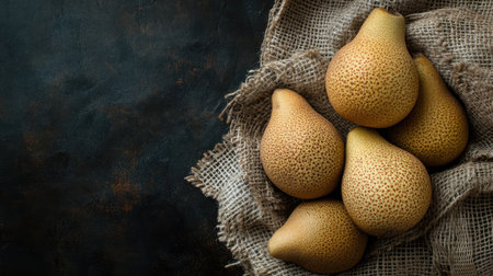 A beautiful arrangement of fresh pears on rustic burlap, showcasing the natural textures and colors of the fruit. Perfect for culinary themes.の素材