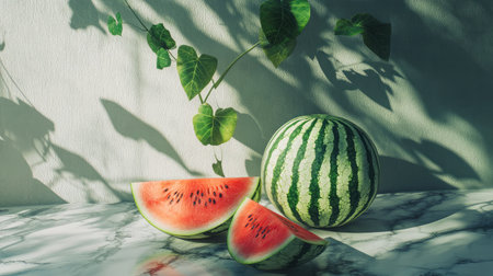 A vibrant watermelon sits with fresh slices on a marble table, surrounded by green vines casting playful shadows, perfect for summer and healthy eating themes.の素材