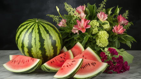 A stunning display of fresh watermelon slices and vibrant flowers showcases a perfect summer arrangement, combining natural beauty and delicious fruit.の素材