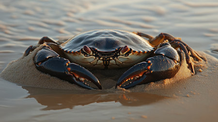 A stunning close-up capture of a crab resting on the sandy shore, illuminated by a warm sunset glow. This image highlights the intricate details of the crab's shell and environment.の素材