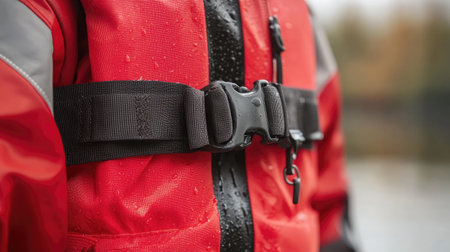 A close-up view of a red life jacket featuring a secure black strap and buckle, perfect for ensuring safety during water activities and outdoor adventures.の素材