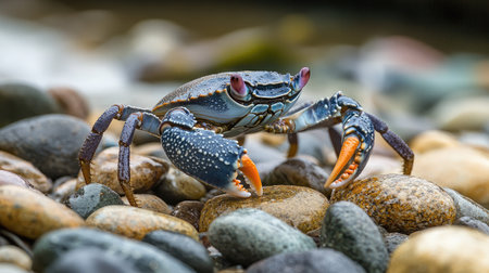 A stunning blue crab navigates a bed of smooth pebbles, revealing its vibrant colors and intricate patterns. This image captures the essence of coastal wildlife and nature.の素材