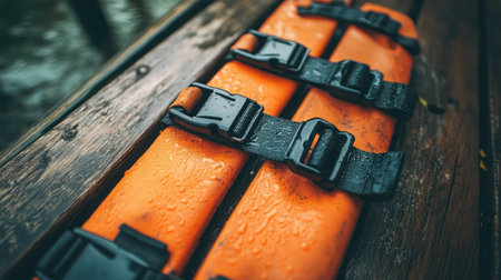 A detailed close-up of wet orange life jacket straps with black buckles, resting on a wooden surface. Perfect for themes of safety, adventure, and outdoor activities near water.の素材
