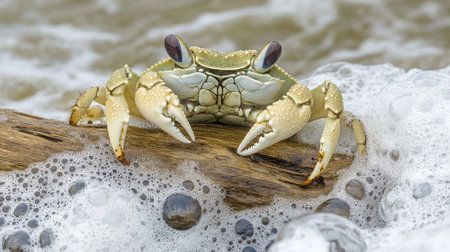 A vibrant close-up of a crab resting on a log by the beach, surrounded by foamy ocean waves and smooth stones, highlighting its natural beauty and marine habitat.の素材