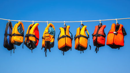 A stunning display of brightly colored life jackets hanging against a clear blue sky, highlighting their importance as essential safety gear for various water activities.の素材