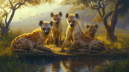 Four hyenas relax by a tranquil waterhole, showcasing their distinctive patterns in a picturesque African landscape during dusk, highlighting their natural social behavior and habitat.の素材