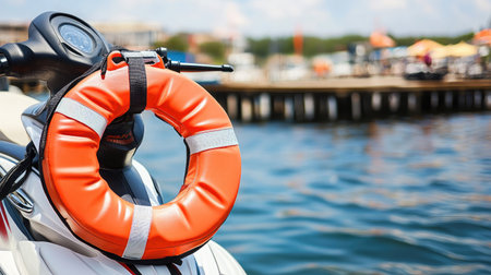 A bright orange life buoy is secured on a jet ski, set against the serene blue waters, emphasizing safety and a sense of summer adventure on the coast.の素材