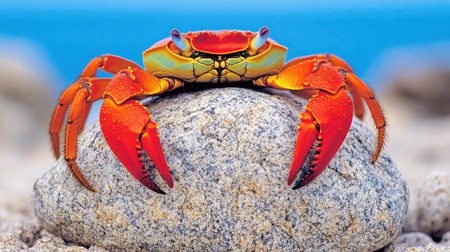 A stunning close-up of a vibrant red crab perched on a textured rock, set against a serene beach and soft blue ocean, showcasing the beauty of marine wildlife.の素材