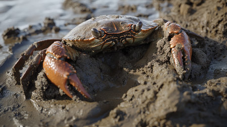 A vibrant crab is seen resting on a muddy shore, displaying its unique features against a natural backdrop of water, highlighting the intricacy of wildlife in coastal habitats.の素材