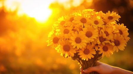 A stunning bouquet of bright yellow sunflowers held in a hand against a warm golden sunset, capturing the essence of happiness and beauty in nature's radiance.の素材