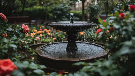 A tranquil garden scene featuring a charming fountain surrounded by vibrant roses and lush greenery, perfect for conveying peace and natural beauty in any artistic project.の素材