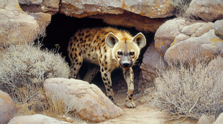 A spotted hyena gracefully steps out from its rocky den, surrounded by dry shrubs and boulders, showcasing the beauty and intrigue of wildlife in its natural habitat.の素材
