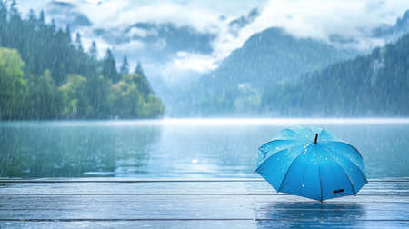 A beautiful rainy scene featuring a vibrant blue umbrella resting on a wooden dock, set against a backdrop of misty mountains and a serene lake, perfect for evoking peace and tranquility.の素材
