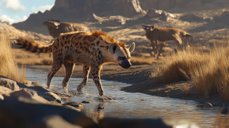 A stunning depiction of a hyena wading through a shallow stream in a desert landscape, showcasing its striking patterns and the beauty of natural wildlife scenes.の素材
