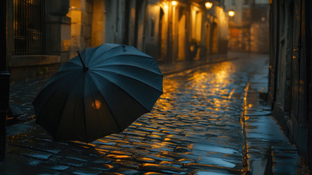 A serene scene capturing the essence of a rainy evening, featuring a black umbrella on wet cobblestones illuminated by warm streetlights. Perfect for evoking mood and solitude.の素材