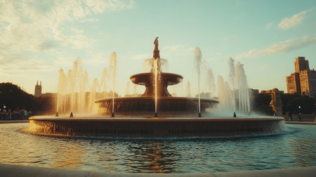 A breathtaking view of a majestic fountain at dusk, set in a tranquil park. The water plays in the sunlight, creating a serene atmosphere perfect for relaxation and reflection.の素材