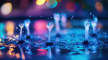 Stunning close-up of vibrant water fountains illuminated at night, showcasing droplets and splashes against a colorful bokeh background for an enchanting visual experience.の素材