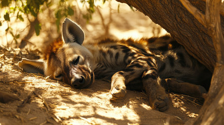 A serene scene depicting a spotted hyena resting peacefully under a tree. The soft sunlight filters through the branches, creating a tranquil atmosphere in its natural habitat.の素材