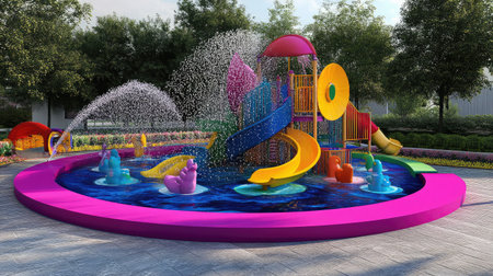 Exciting and vibrant splash pad designed for children, featuring colorful slides, playful water sprays, and a safe environment for summer fun and social interaction.の素材