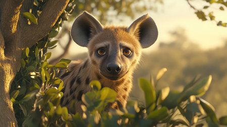 A captivating close-up of a hyena peering through lush foliage, showcasing its distinctive features and expressive eyes in a vibrant natural setting.の素材