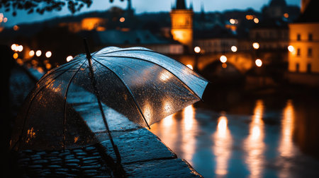 A stunning night image showcasing a transparent umbrella against a backdrop of a rain-drenched river and glowing city lights, evoking tranquility and warmth in a serene setting.の素材