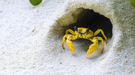 A striking yellow crab emerges from its sandy burrow on a tropical beach, highlighting the beauty of marine wildlife and the intricate details of coastal ecosystems.の素材