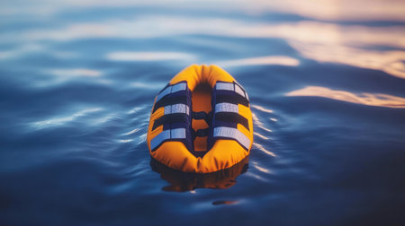 A striking image of a bright yellow life buoy gently floating on calm water, symbolizing safety and preparedness in outdoor activities during the golden hour of sunset.の素材