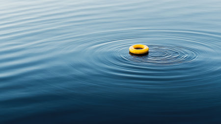 A vibrant yellow lifebuoy drifts peacefully on a smooth blue water surface, creating ripples that evoke feelings of safety and tranquility in a serene environment.の素材