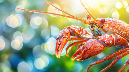 A stunning close-up of a lobster claw glistening with water droplets, set against a vibrant bokeh background, showcasing the beauty and texture of marine life.の素材