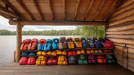 A vibrant display of kayak life jackets arranged neatly under a wooden shelter, providing a perfect backdrop of a peaceful lake and lush greenery for outdoor enthusiasts.の素材