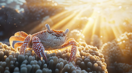 A vibrant underwater scene showcasing a colorful crab amidst coral formations, illuminated by sun rays, highlighting the beauty of marine life and the rich underwater ecosystem.の素材