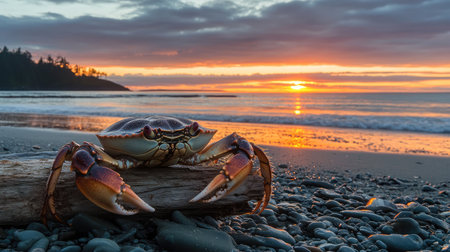 A stunning crab sits on a log amidst smooth pebbles on the beach, bathed in the golden hues of sunset and framed by gentle ocean waves and a colorful sky.の素材