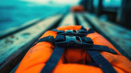 A vivid orange life jacket positioned on a weathered dock, surrounded by a serene ocean backdrop, emphasizing safety and adventure in water activities.の素材