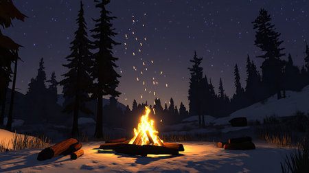 A serene night scene featuring a bright campfire surrounded by snow and tall pine trees under a stunning starry sky, ideal for evoking feelings of adventure and tranquility.の素材