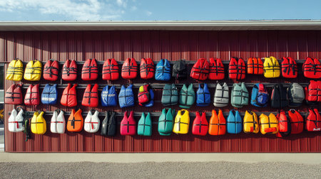 A vibrant wall adorned with various life jackets in assorted colors, showcasing safety and style for water activities, offering viewers a unique perspective on recreational safety gear.の素材