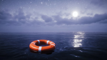 An enchanting night scene showcases an isolated lifebuoy floating serenely in the calm waters, illuminated by bright moonlight and surrounded by a starry sky, evoking deep feelings of solitude.の素材