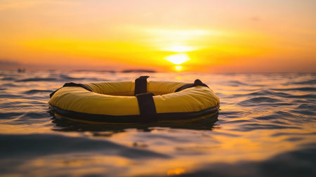 A bright yellow lifebuoy floats calmly in ocean waters, beautifully silhouetted against a vibrant sunset, creating a serene coastal view perfect for peaceful moments.の素材